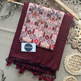 Marun Handloom Khadi Cotton Saree With Ikkat Print Blouse